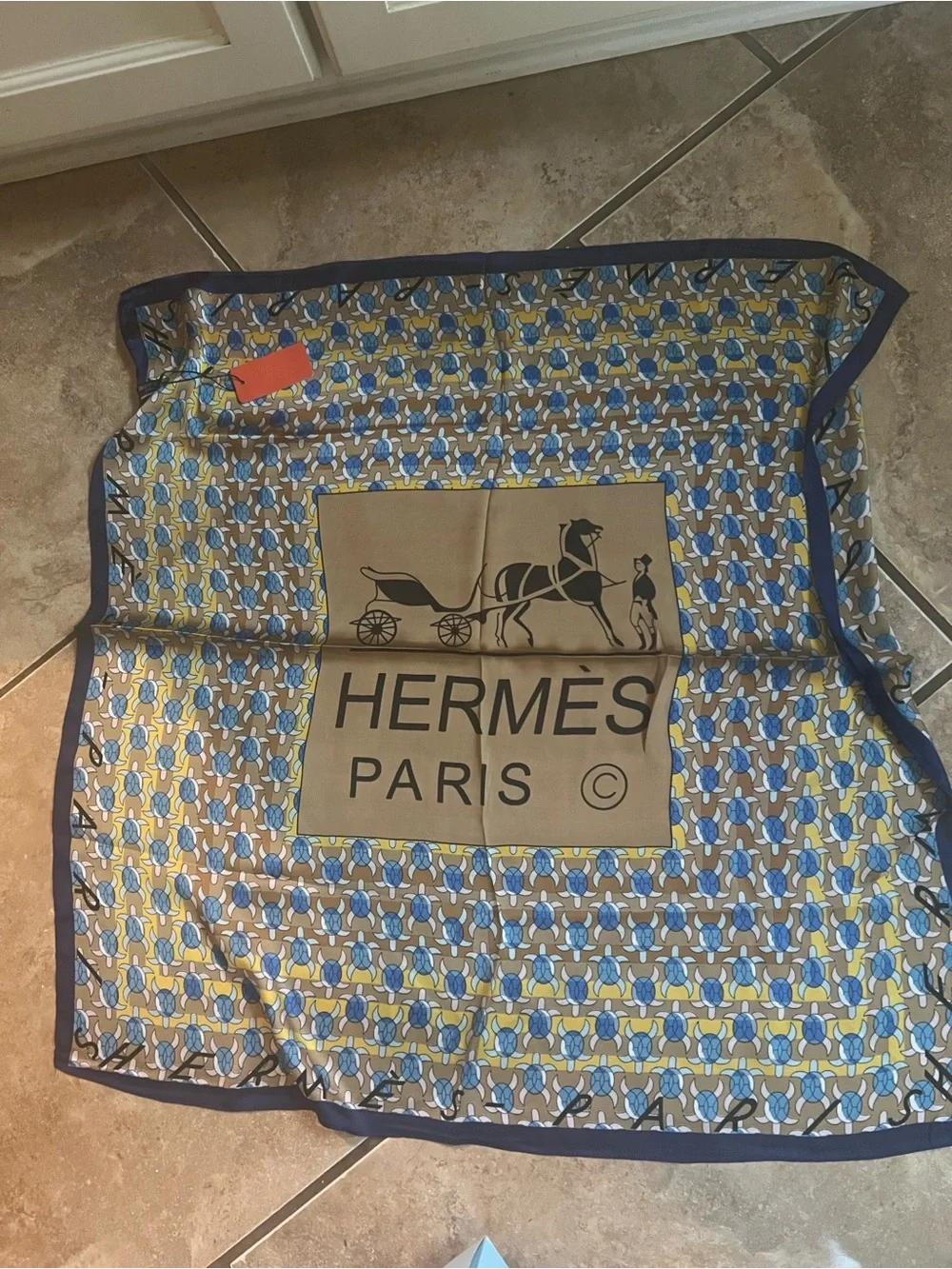 Hermès Yellow, Blue Scarf with Carriage Motif turtles 100% silk w/box bag tags